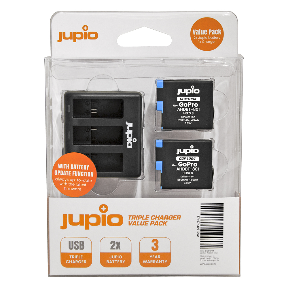Image de Jupio Value Pack: 2x Battery GoPro HERO8 AHDBT-801 1260mAh + Compact USB Triple Charger (update version)