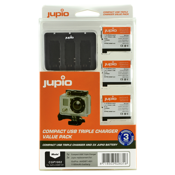 Afbeelding van Jupio Value Pack: 3x Battery GoPro AHDBT-401 HERO4 1160mAh + Compact USB Triple Charger